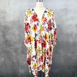LIFE Womens Kimono Coverup Medium Floral Boho‎ Festival Beach White Lotus Resort